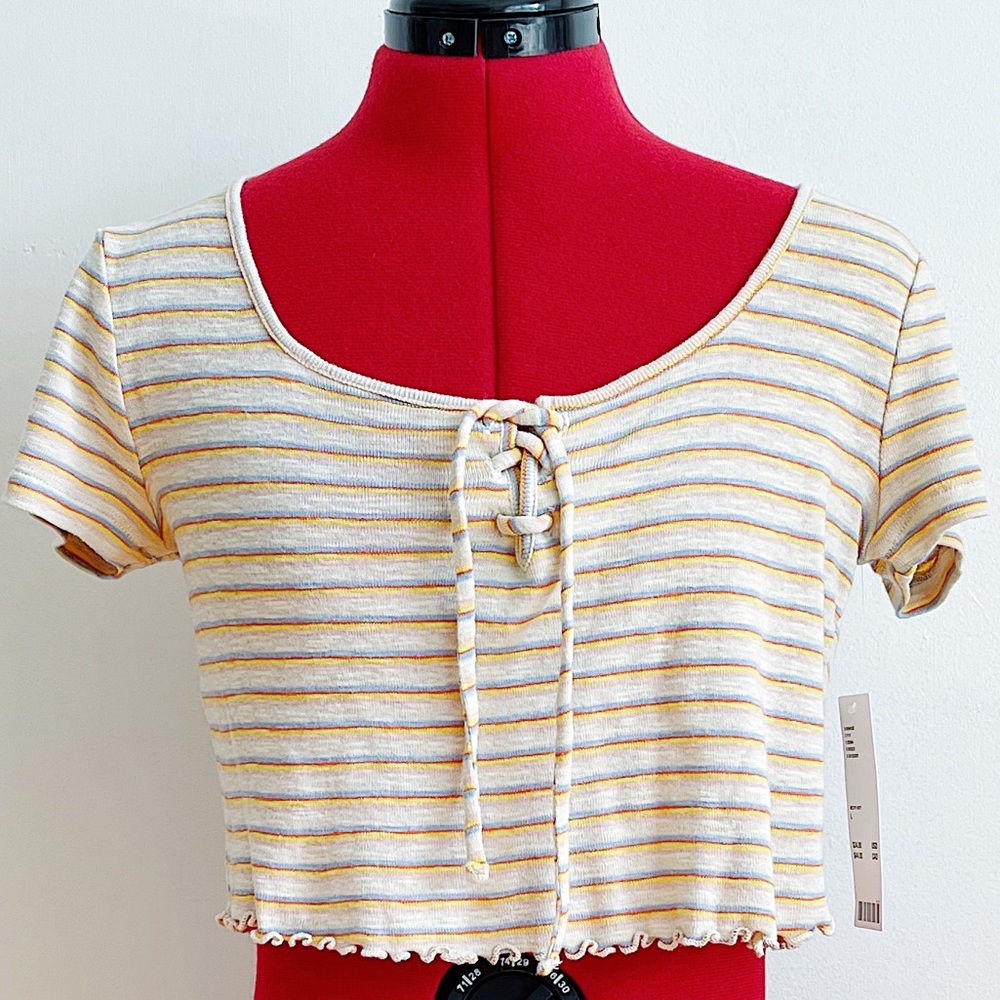 NWT BDG Abby Lace-up Striped Cropped Tee in Neutral Multi